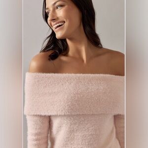 Francesca's Collections Nancy Fuzzy Off Shoulder Pullover Sweater Pink